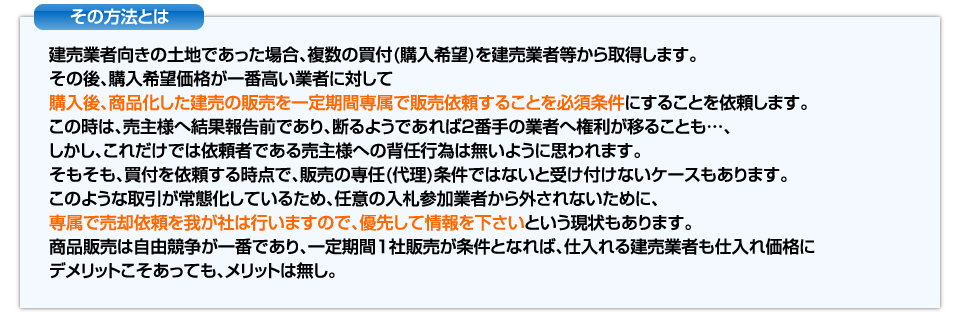 その方法とは購入後、商品化した建売の販売を一定期間専属で販売依頼することを必須条件など。